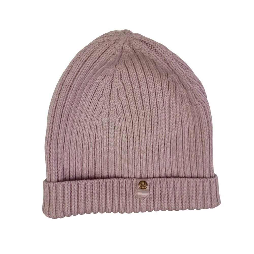 Lululemon Ribbed Wool Blend Beanie Hat Lavender Purple Gold Logo Cuffed Winter
